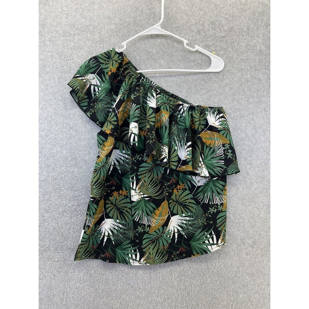Shein Women's One Shoulder Blouse Pullover Black Tropical Size Large